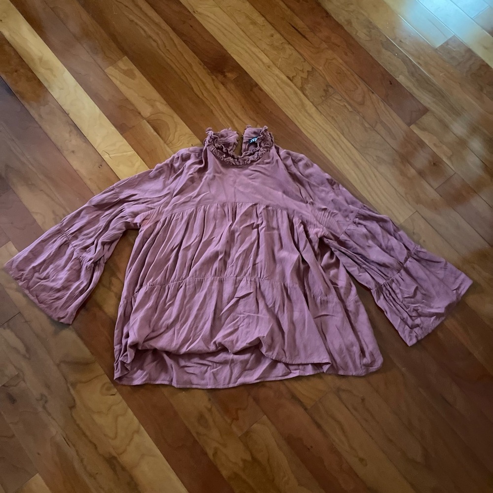 Zara Dusty Rose Ruffle-Neck Tiered Tunic Top